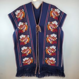 Cuauhtemoc Aztec Poncho Shrug Fringe OSFM Woven Knit Acrylic Tie Front Beautiful